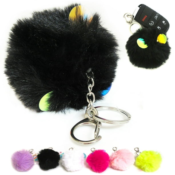 WHITE Fluffy Faux Fur Pom Pom Key Chain Ball Car Handbag Key Ring 